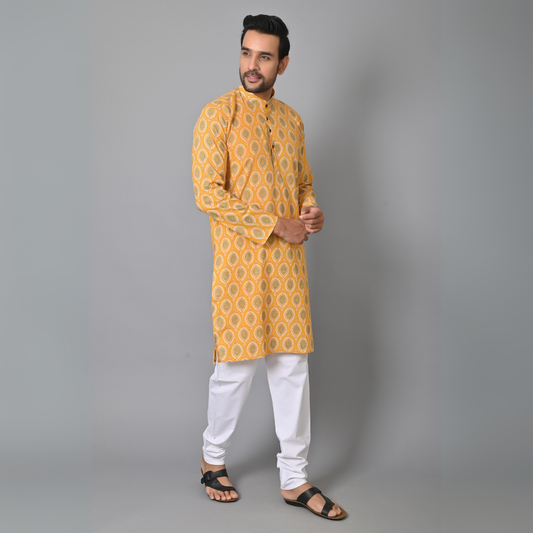 Yellow HandBlock Printed Long Kurta