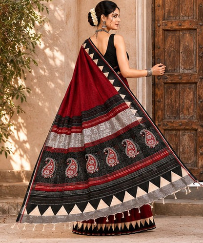Maroon Red Linen Cotton Saree with Temple Border & Black Paisley Pallu | Handcrafted in Jaipur