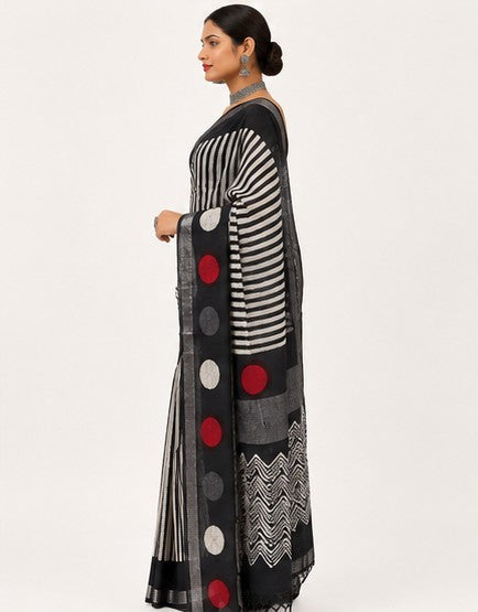 Black & Ivory Striped Linen Cotton Saree with Bold Geometric Disc Pallu | Hand Block Print