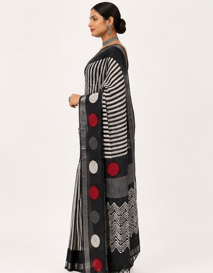 Black & Ivory Striped Linen Cotton Saree with Bold Geometric Disc Pallu | Hand Block Print