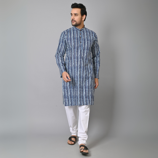 Indigo Blue Stripes Printed Long Kurta