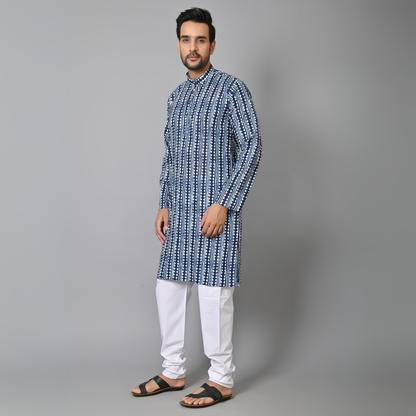 Indigo Blue Stripes Printed Long Kurta