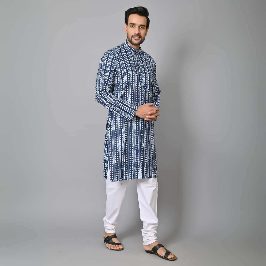 Indigo Blue Stripes Printed Long Kurta