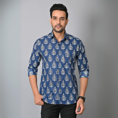 Indigo Blue Block Printed Full Sleeves Shirt