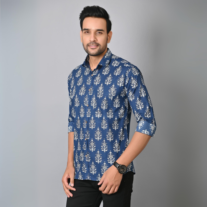 Indigo Blue Block Printed Full Sleeves Shirt