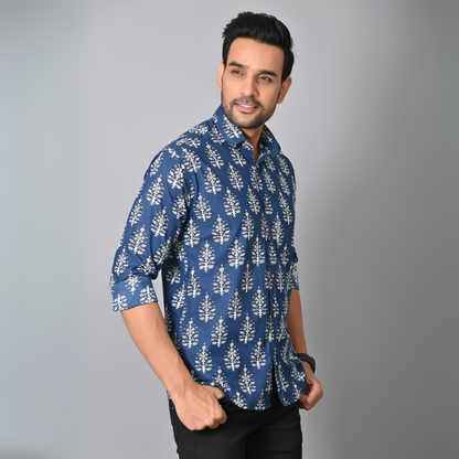 Indigo Blue Block Printed Full Sleeves Shirt