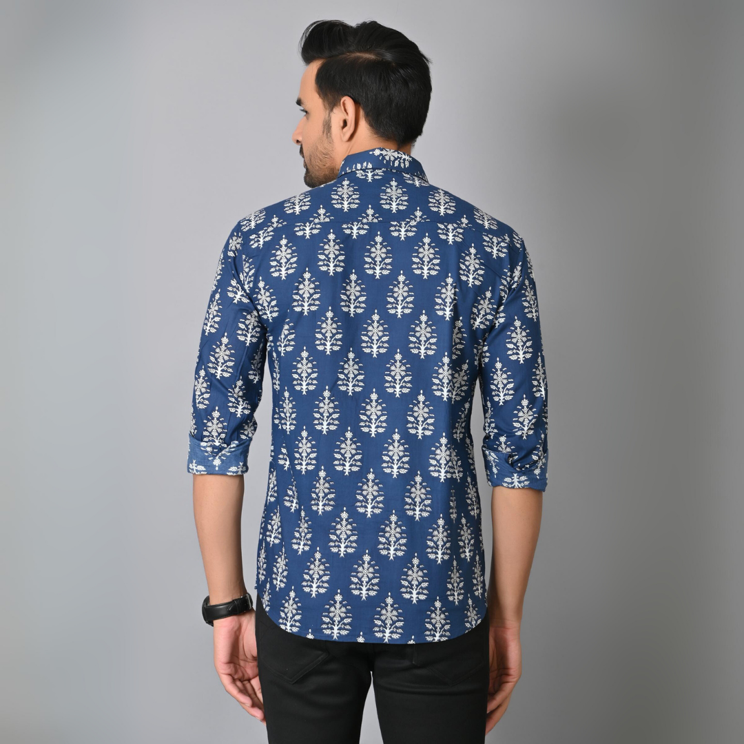 Indigo Blue Block Printed Full Sleeves Shirt