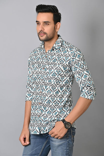 Mistique Blue Printed Full Sleeves Shirt