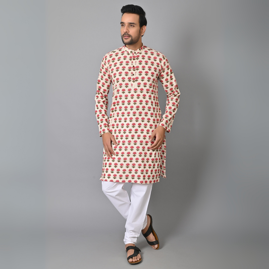 Off White Petal HandBlock Printed Long Kurta