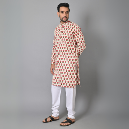 Off White Petal HandBlock Printed Long Kurta