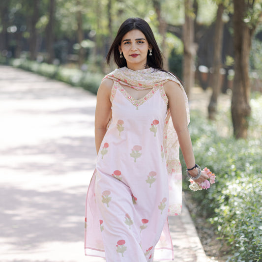 Pink Floral Kurta Set with Fishcut Bottom and Soft Mulmul Dupatta