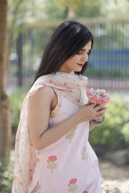 Pink Floral Kurta Set with Fishcut Bottom and Soft Mulmul Dupatta