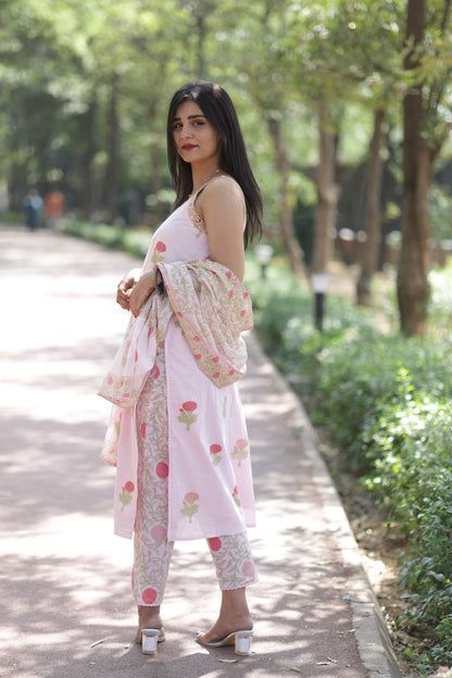 Pink Floral Kurta Set with Fishcut Bottom and Soft Mulmul Dupatta