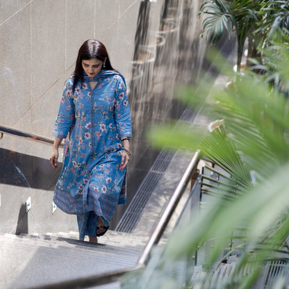 Ethnic Floral Blue Printed Suit
