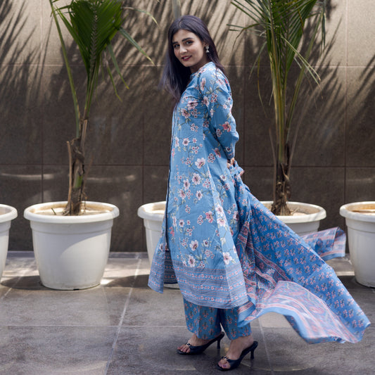 Ethnic Floral Blue Printed Suit