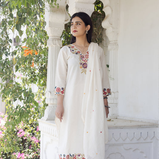 Off-White Embroidered Ethnic Suit