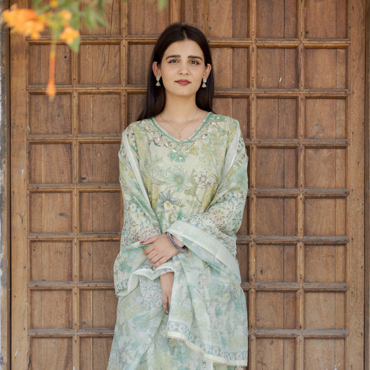 Pista Floral Muslin Suit with Organza Dupatta