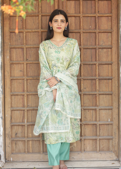 Pista Floral Muslin Suit with Organza Dupatta
