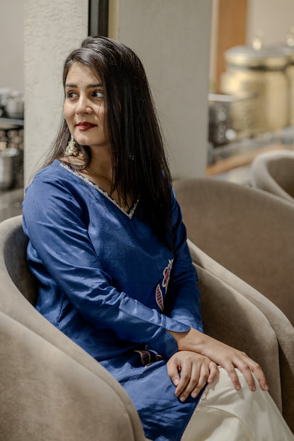 Elegant Navy Blue Embroidered Silk Co-ord Set