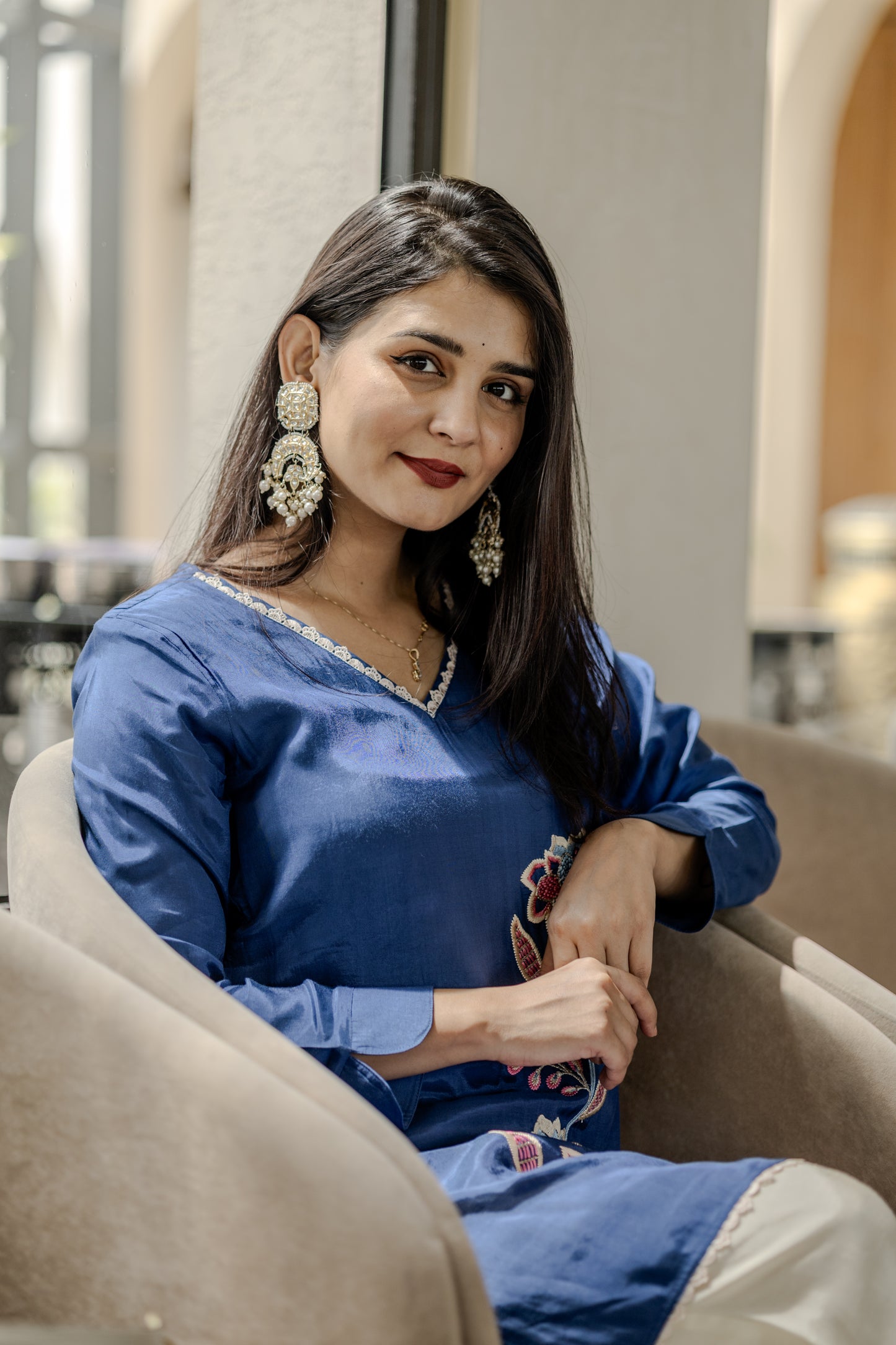 Elegant Navy Blue Embroidered Silk Co-ord Set