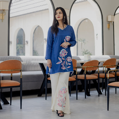 Elegant Navy Blue Embroidered Silk Co-ord Set