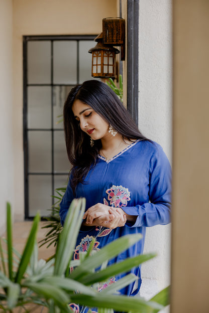 Elegant Navy Blue Embroidered Silk Co-ord Set