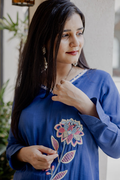 Elegant Navy Blue Embroidered Silk Co-ord Set