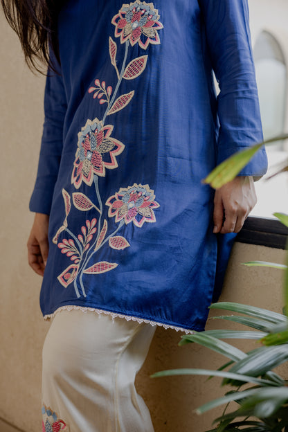 Elegant Navy Blue Embroidered Silk Co-ord Set