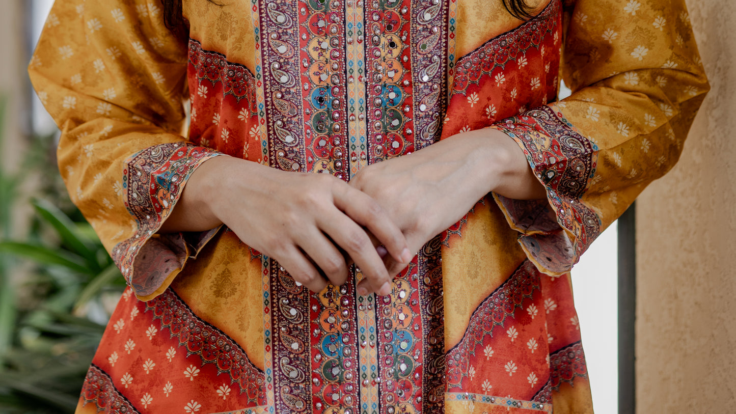 Multicolor Mirror Work Silk Co-ord Set