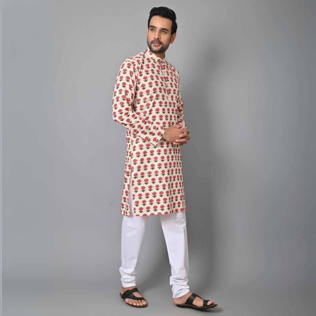 Off White Petal HandBlock Printed Long Kurta