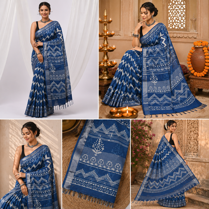 Indigo Blue Dabu Chevron Hand Block Print Linen Cotton Saree with Silver Tissue Border