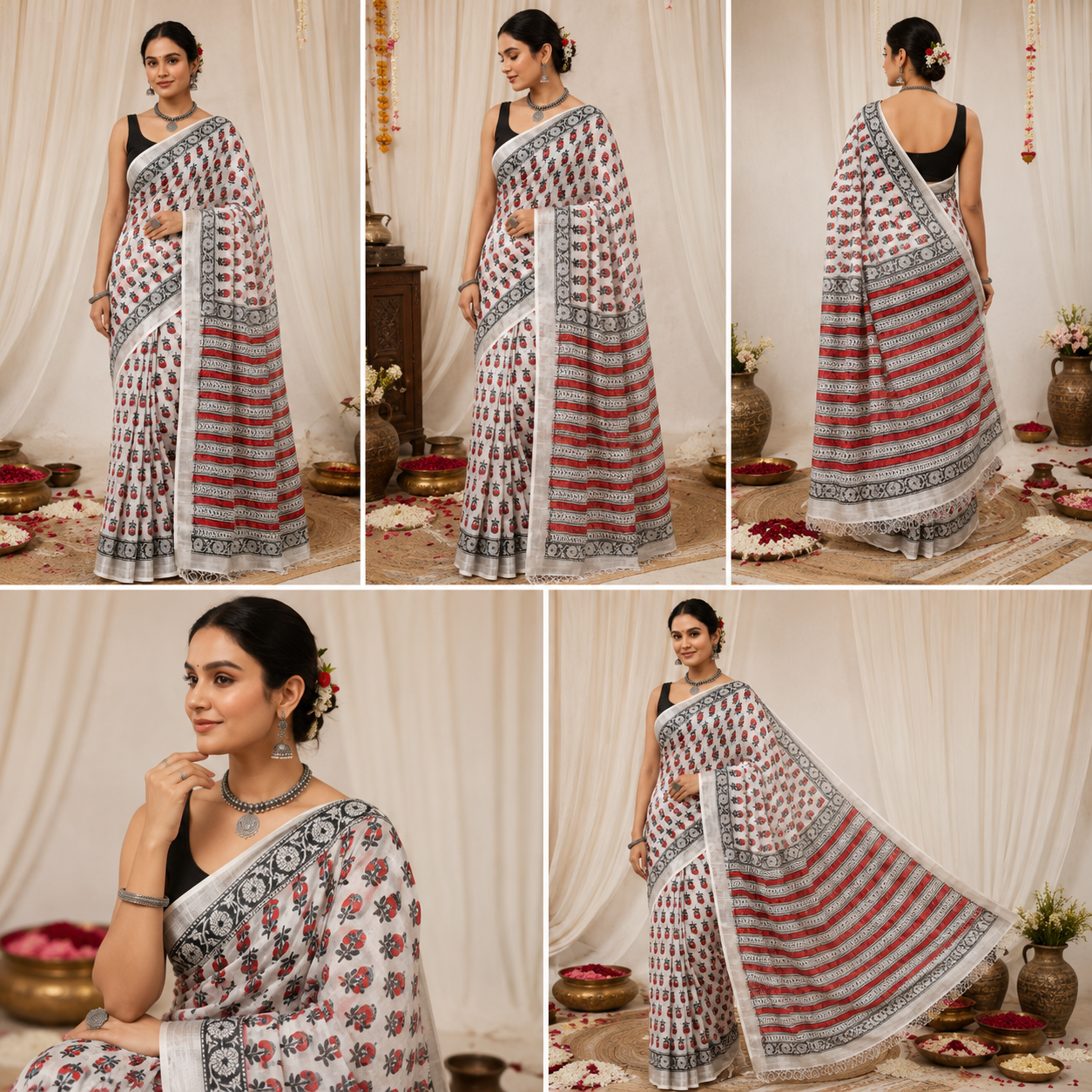 Ivory Linen Cotton Saree with Red Poppy Block Print & Silver Tissue Border | Handcrafted in Jaipur