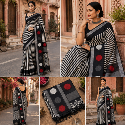 Black & Ivory Striped Linen Cotton Saree with Bold Geometric Disc Pallu | Hand Block Print