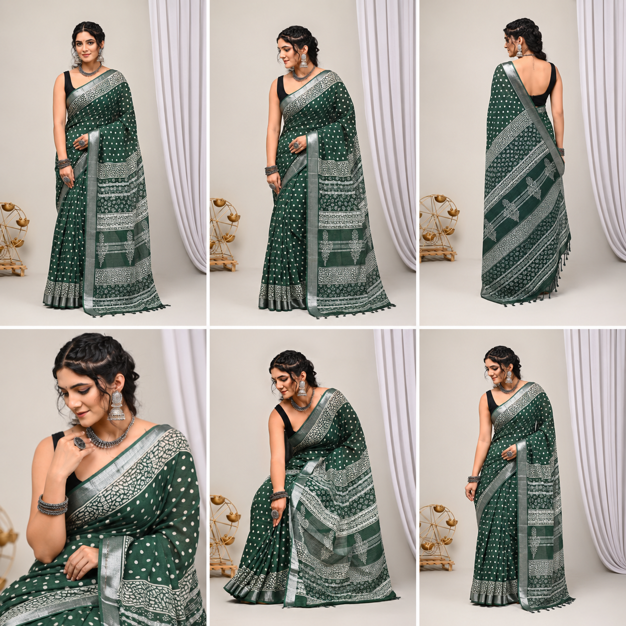 Bottle Green Polka Dot Hand Block Print Linen Cotton Saree with Silver Tissue Border & Paisley Pallu