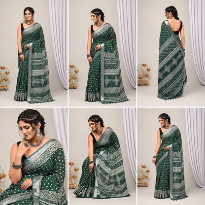 Bottle Green Polka Dot Hand Block Print Linen Cotton Saree with Silver Tissue Border & Paisley Pallu