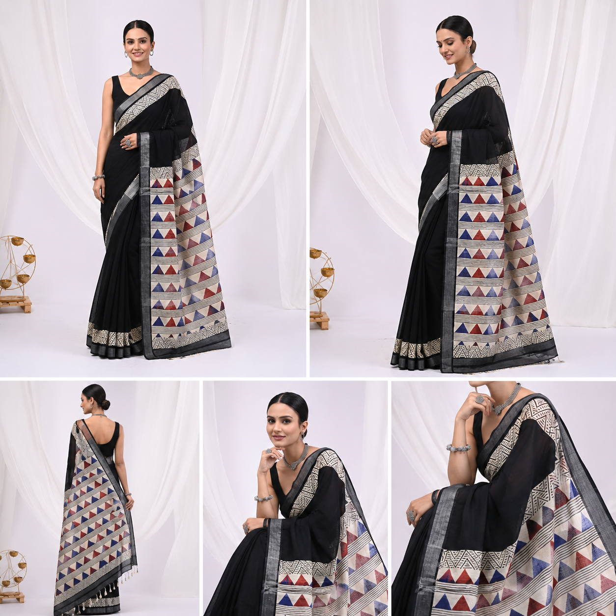 Black Linen Cotton Saree with Tribal Triangle Border & Silver Tissue Edge | Hand Block Print