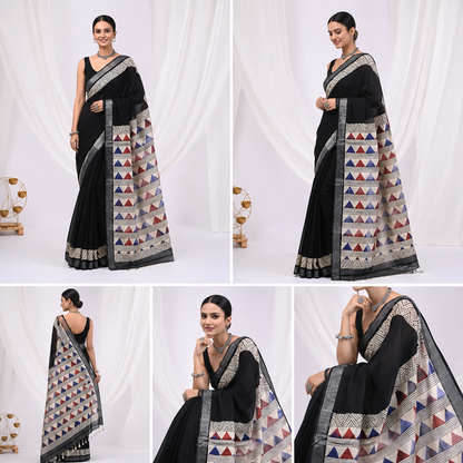 Black Linen Cotton Saree with Tribal Triangle Border & Silver Tissue Edge | Hand Block Print