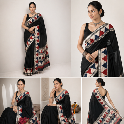 Black Linen Cotton Saree with Tribal Triangle Border & Silver Tissue Edge | Hand Block Print