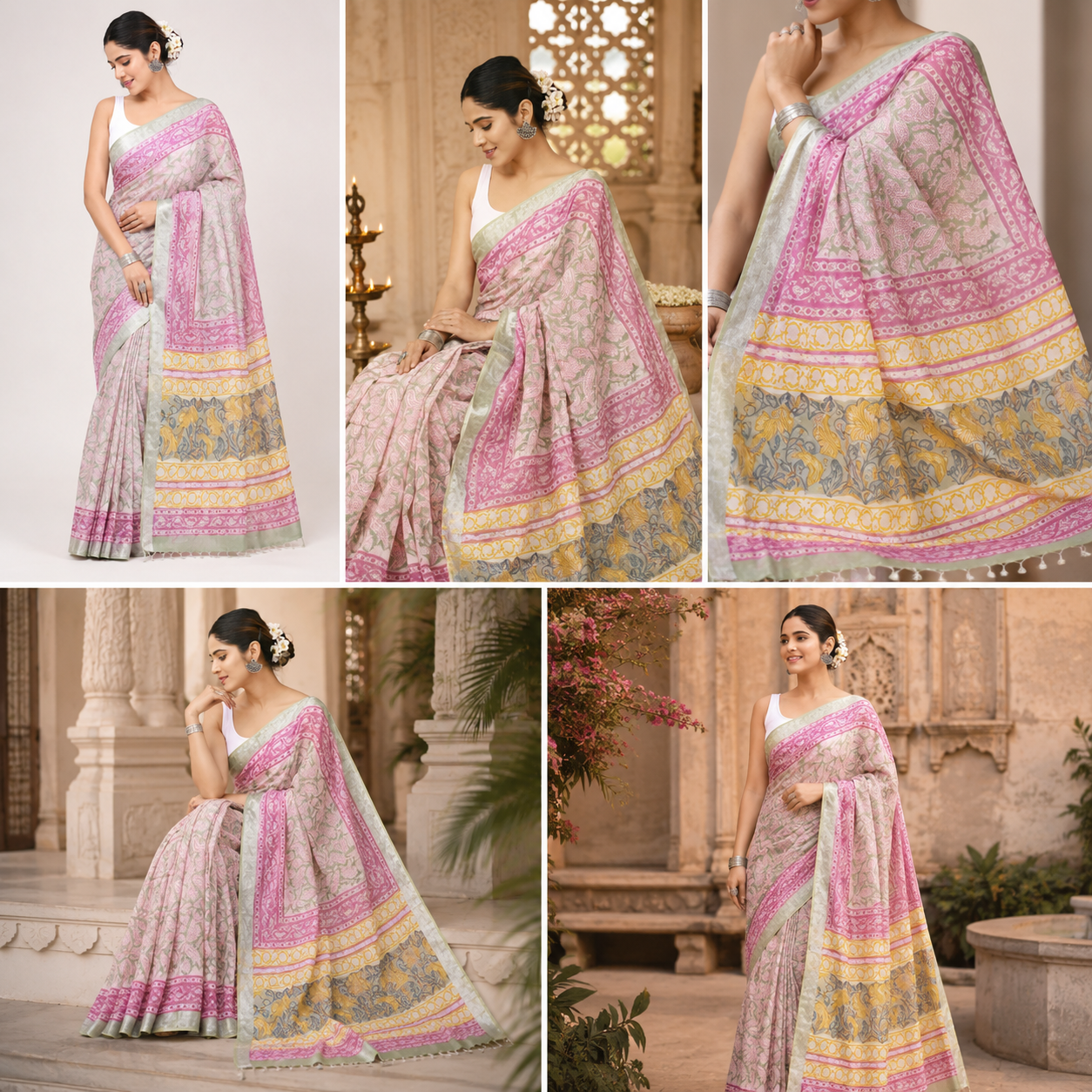 Pastel Cream Pink Paisley Hand Block Print Linen Cotton Saree with Multi-Colour Pallu