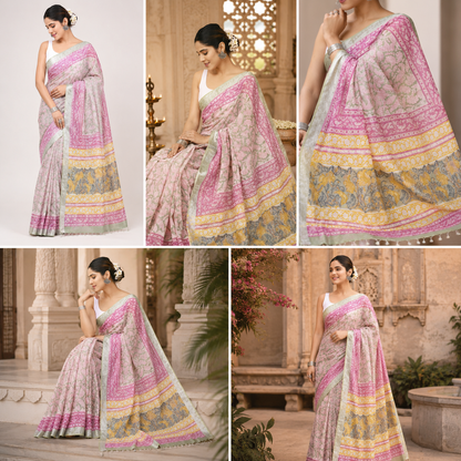 Pastel Cream Pink Paisley Hand Block Print Linen Cotton Saree with Multi-Colour Pallu