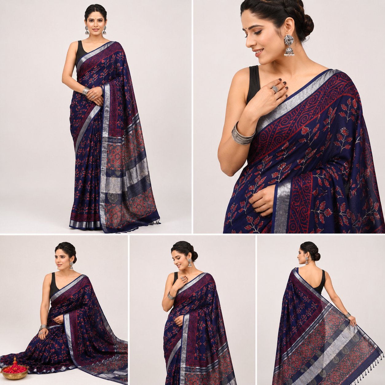 Midnight Blue Linen Cotton Saree with Red Floral Block Print & Ajrakh Pallu | Silver Tissue Border