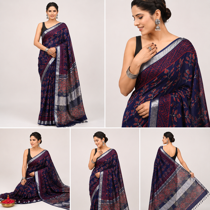 Midnight Blue Linen Cotton Saree with Red Floral Block Print & Ajrakh Pallu | Silver Tissue Border