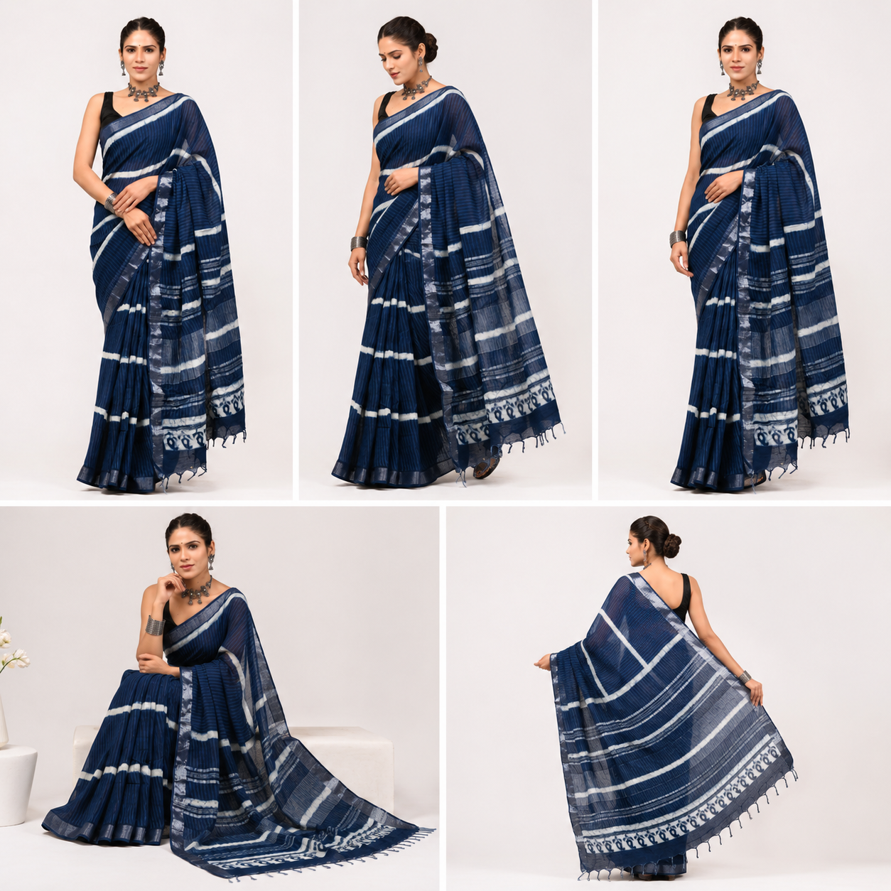 Indigo Lehariya Hand Block Print Linen Cotton Saree with Silver Tissue Border