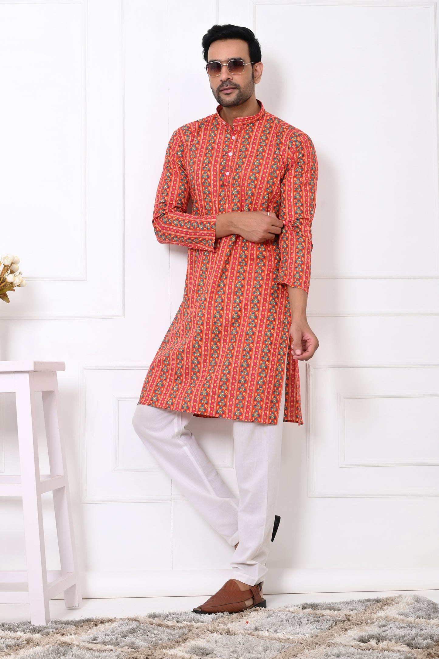 Red Regal striped long kurta