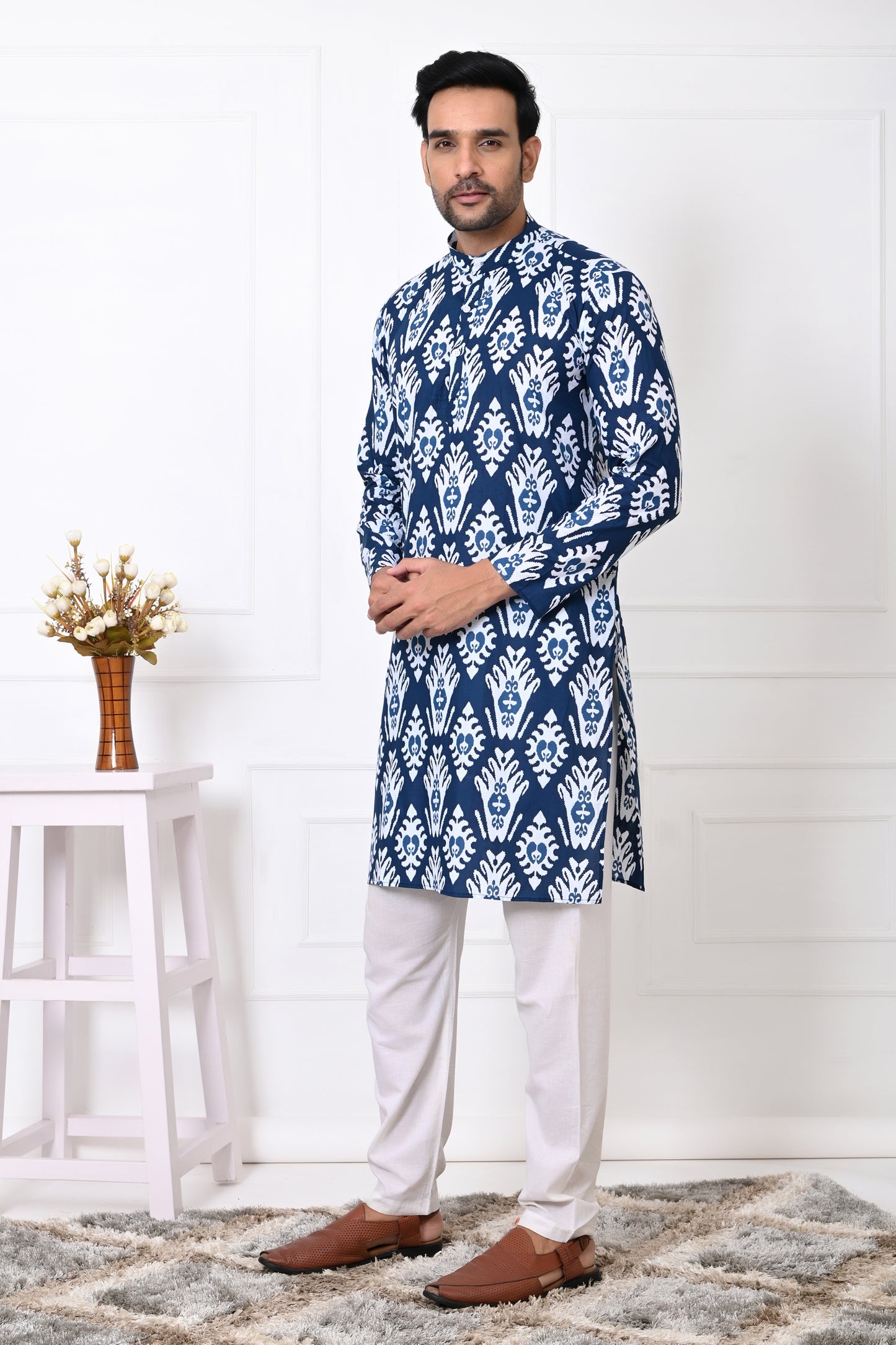 Royal Blue Motif Long Kurta