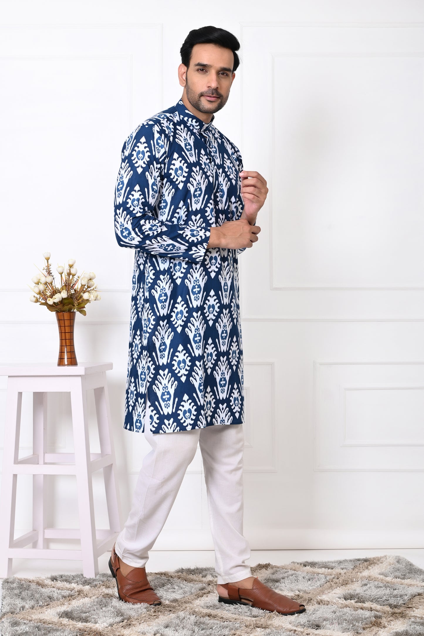 Royal Blue Motif Long Kurta