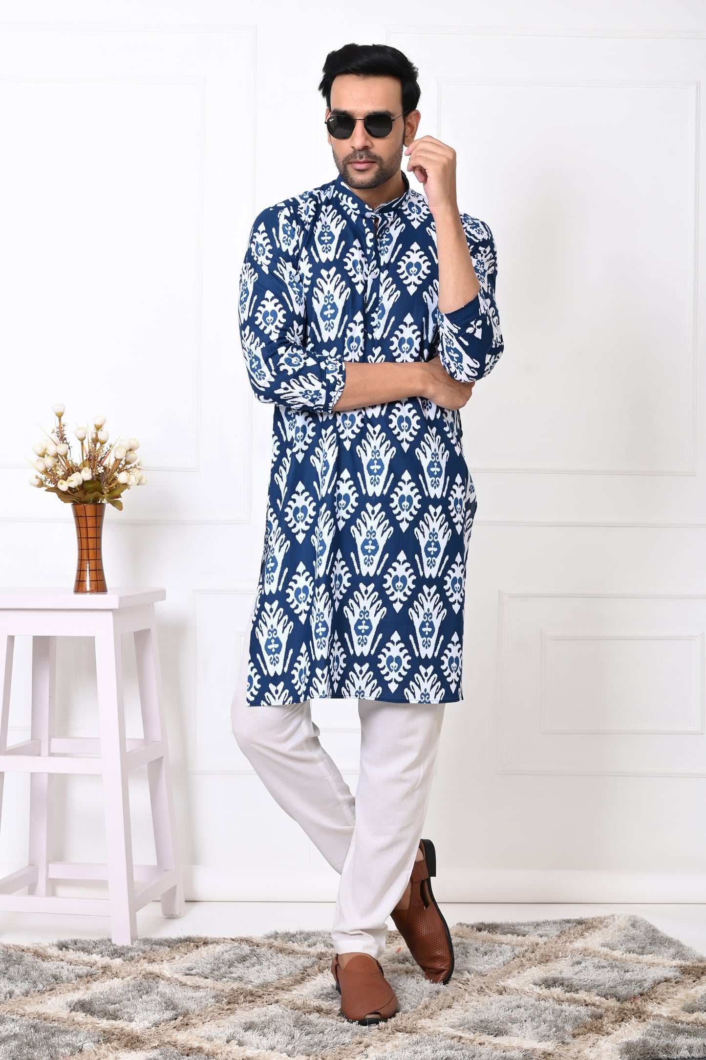 Royal Blue Motif Long Kurta