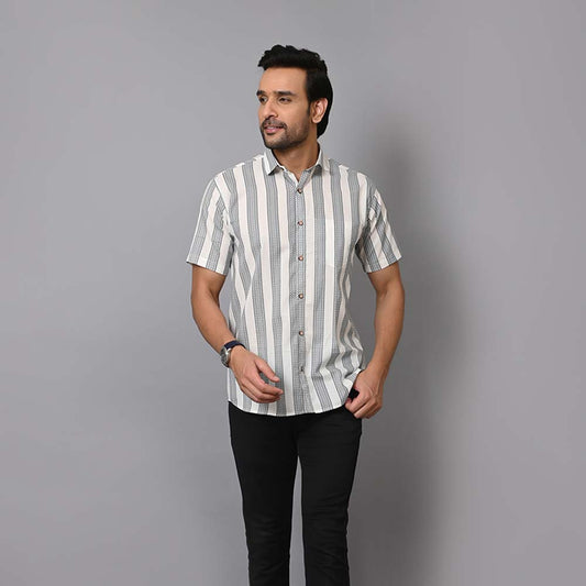 Black And White Stripes Cotton Half Sleeves Shirt