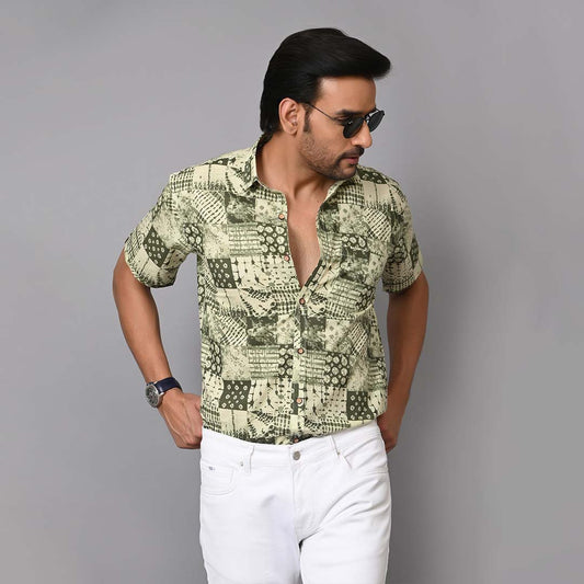 Green Jungle Patch Work Half Sleeves Shirt