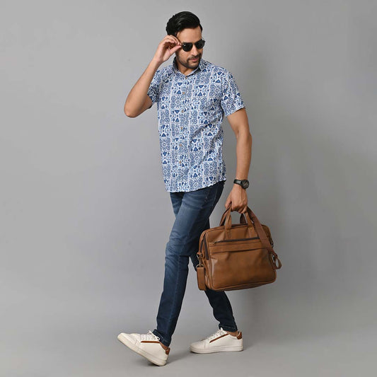 Retro Blue Printed Half Sleeves Shirt